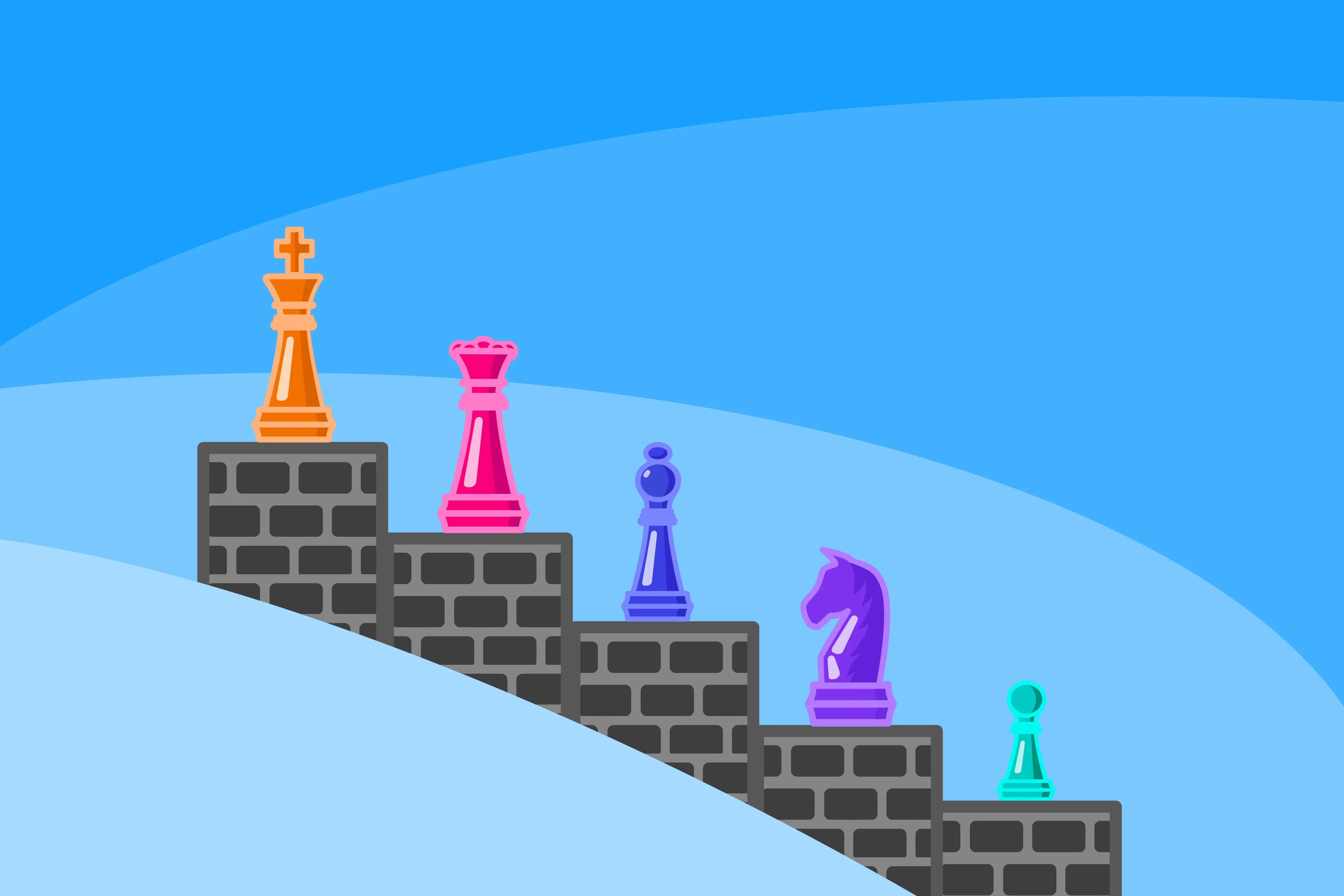 Ilustración de una escalera con piezas de ajedrez de diferentes colores y tamaños, simbolizando la jerarquía y el trato de respeto representado por el uso de «usted» y «tú» en el lenguaje.
